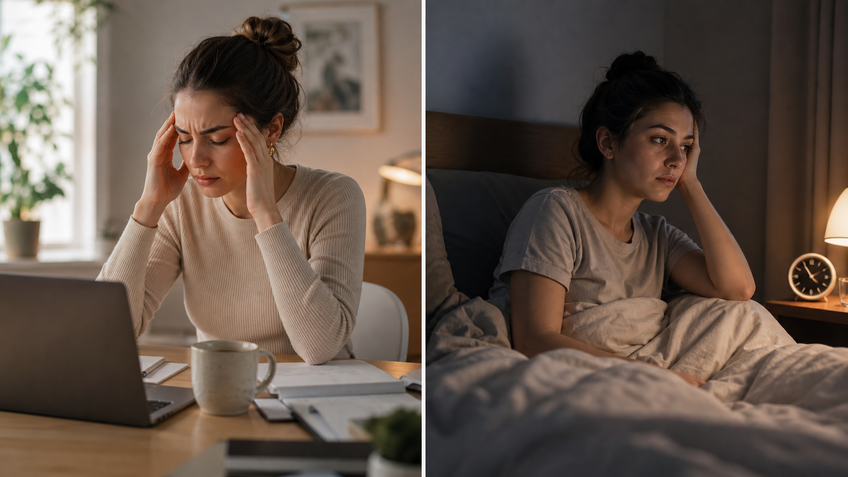 Split scene of afternoon coffee causing head pressure at a laptop and restless sleep later at night