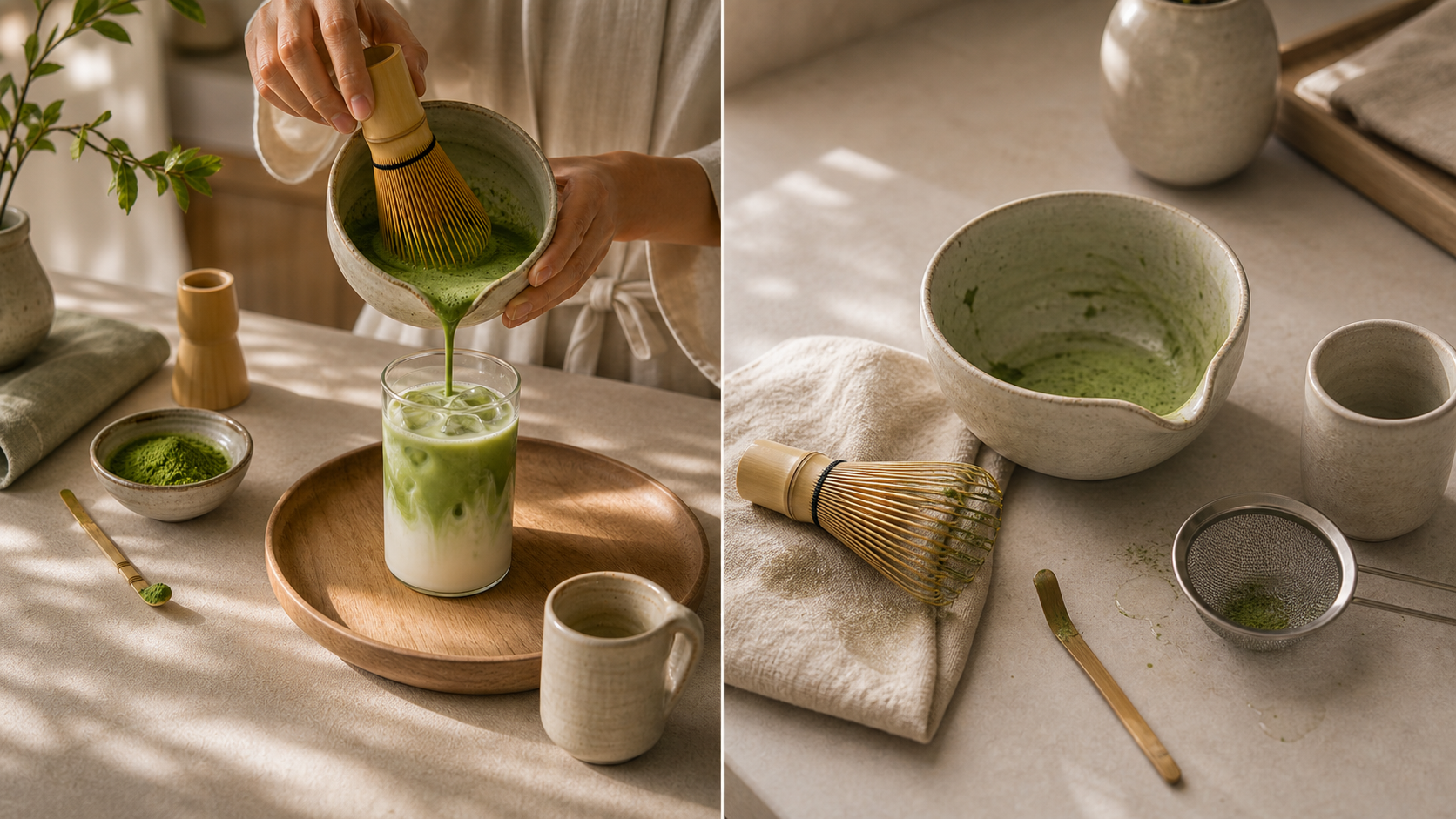 Split scene showing a beautiful traditional matcha ritual beside used matcha tools ready to rinse