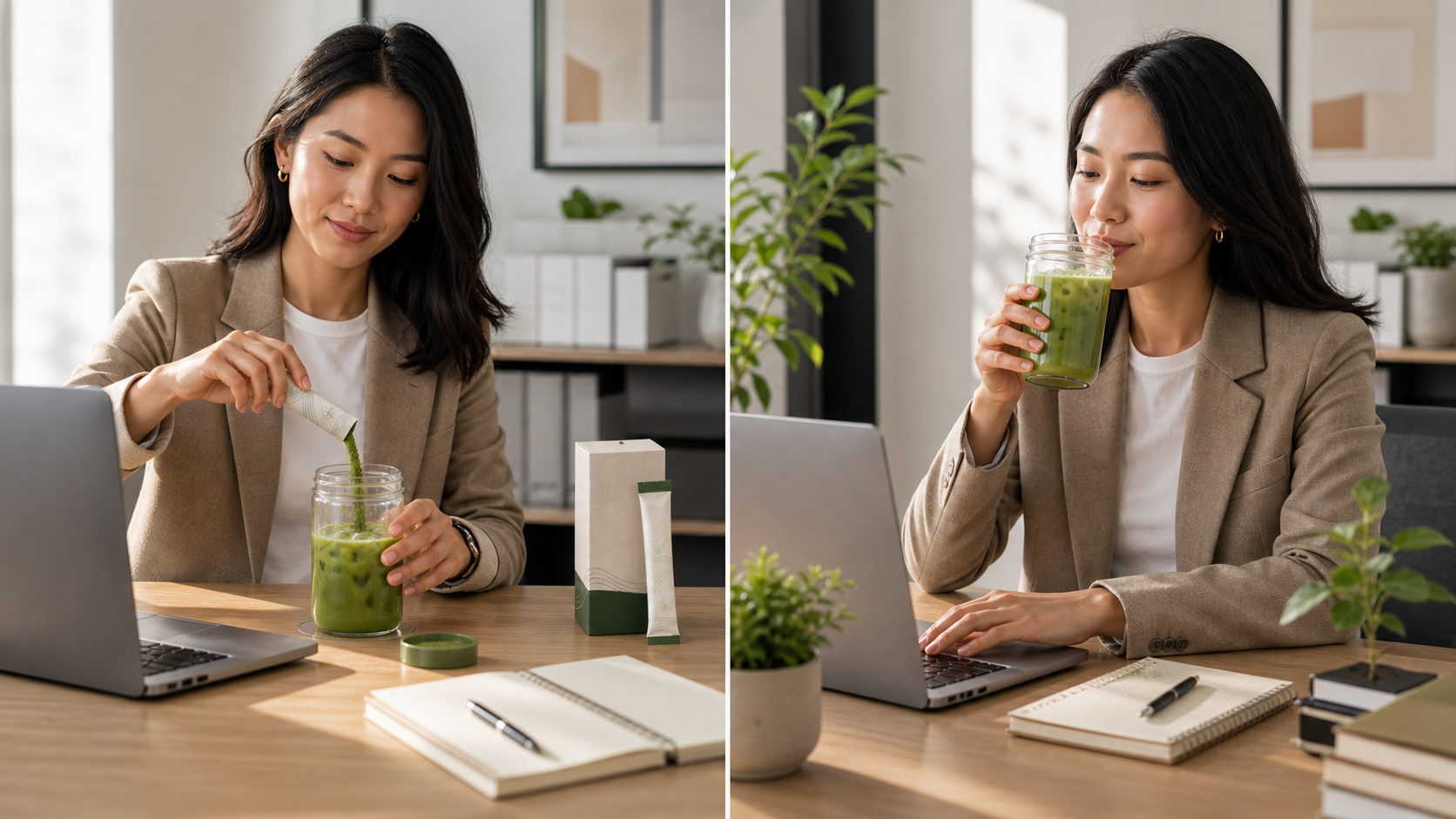 Split scene showing easy OG Matcha preparation and a relaxed office drinking moment afterward
