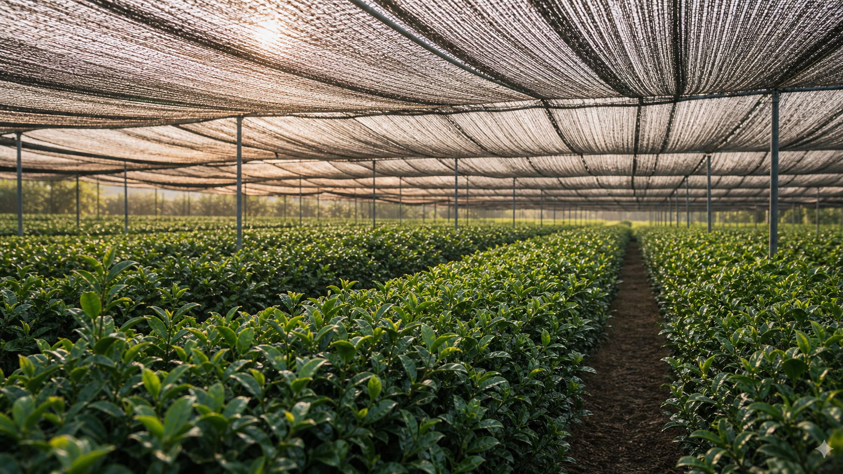 Tea plants grown under shade covering for matcha cultivation