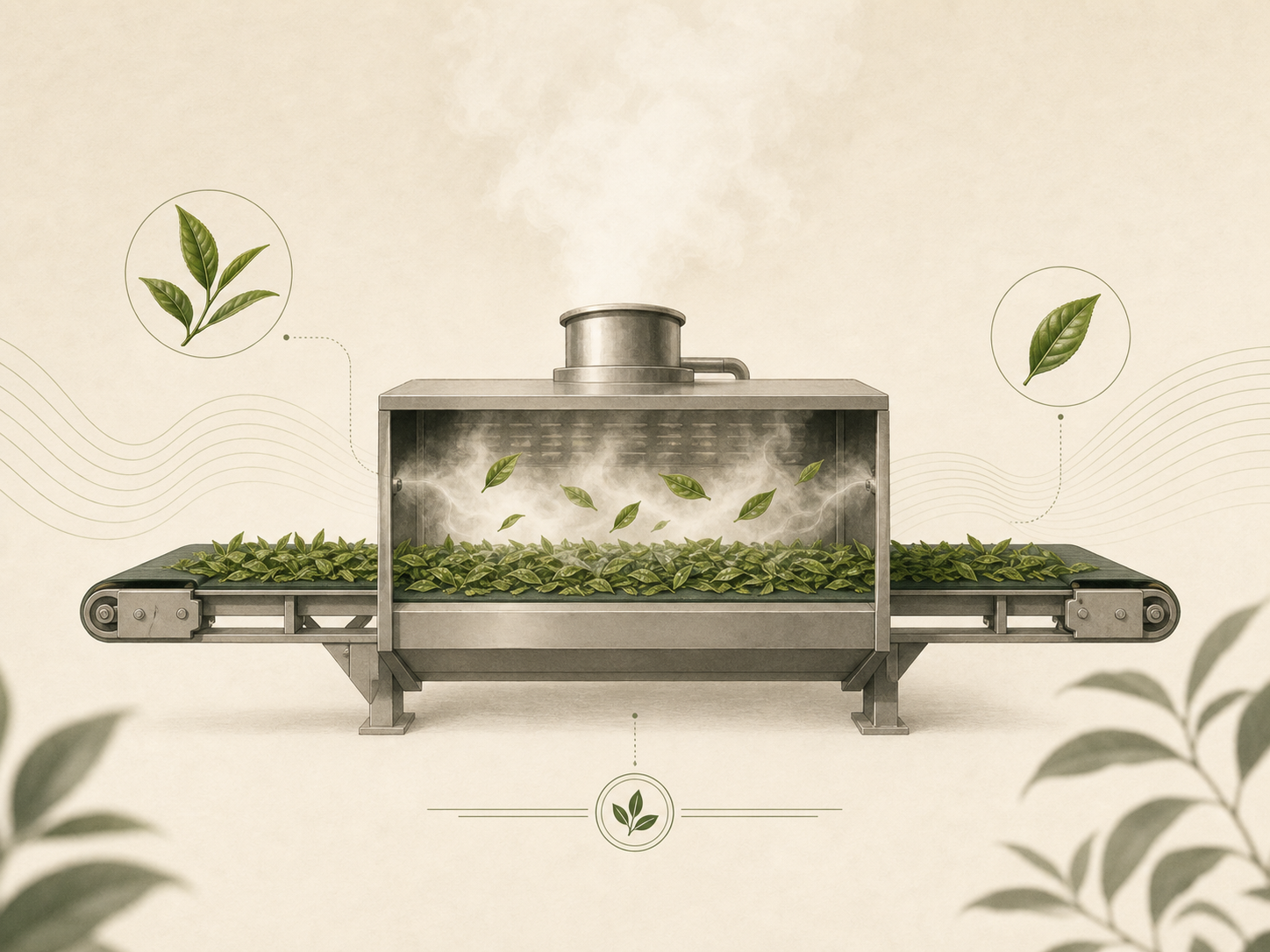 Simplified steam fixing process illustration for preserving tea color and freshness