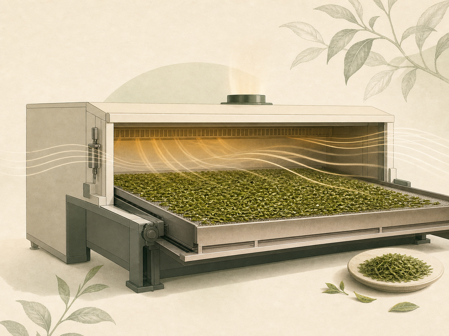 Simplified second drying process illustration for matcha leaf material