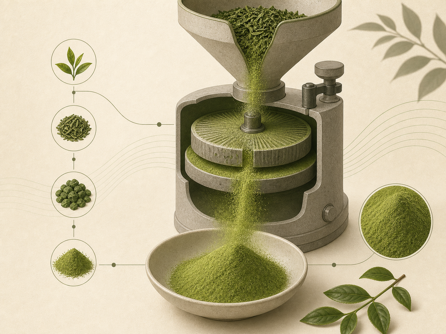 Ultra-fine milling process illustration turning refined tea material into matcha powder