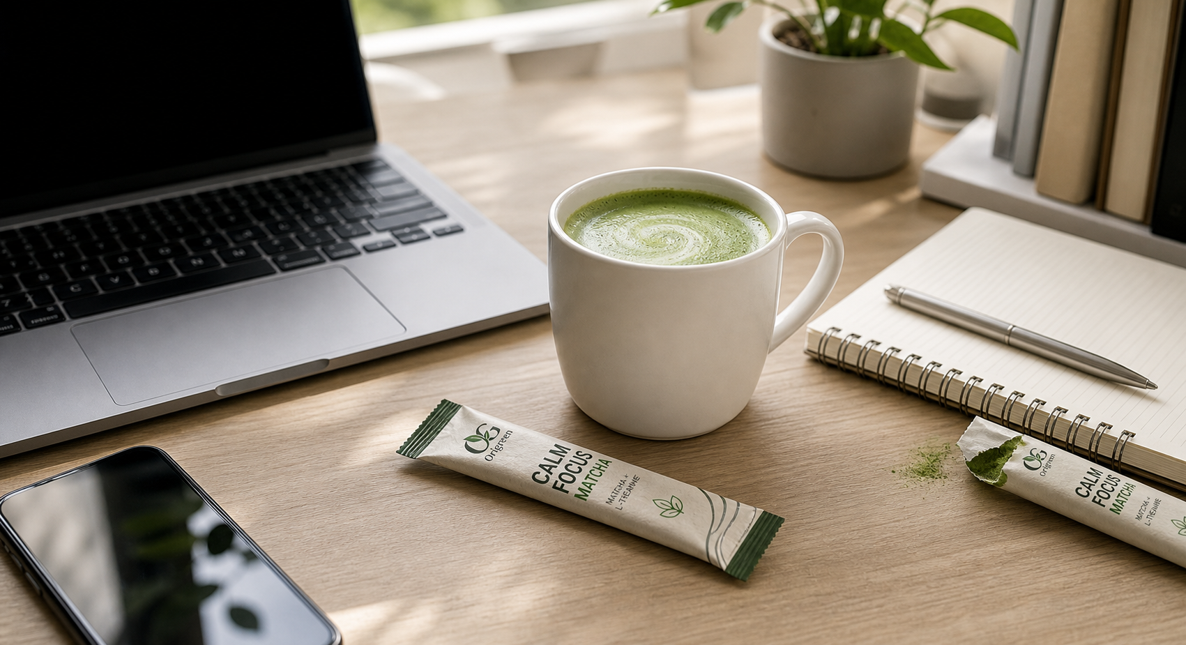 Matcha drink and stick pack on an office desk
