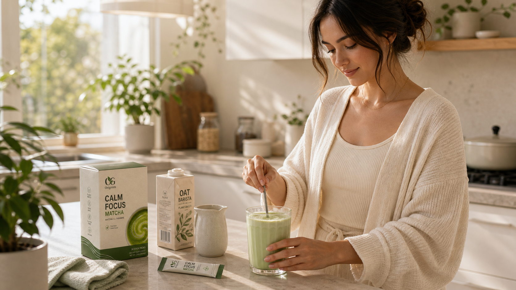 Homemade matcha latte in a bright kitchen