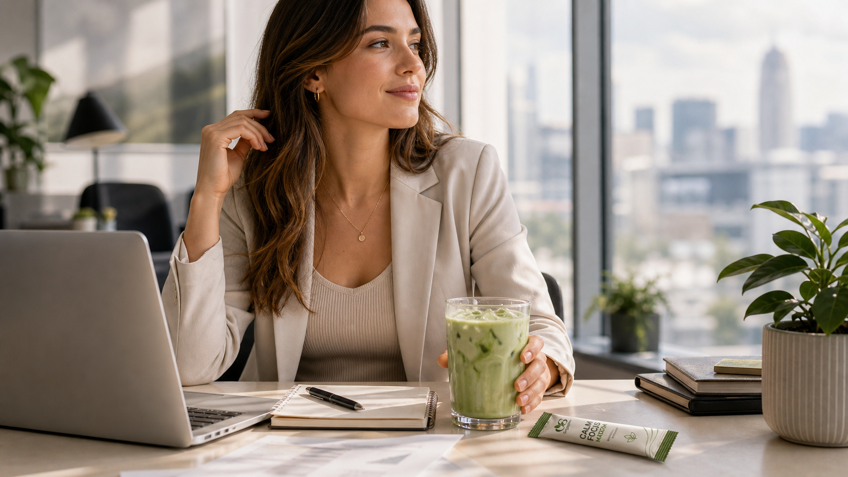 Iced matcha drink on an office desk