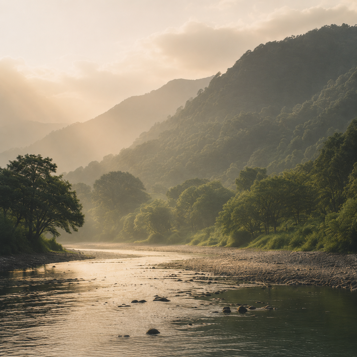Warm river valley landscape with water, trees, and open natural light